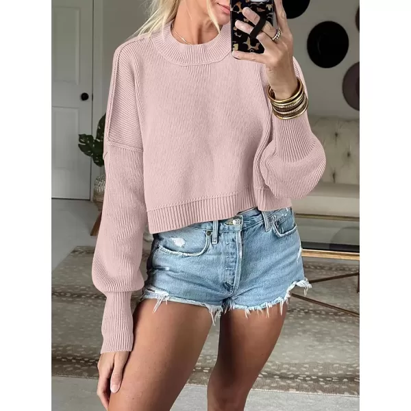 imageANRABESS Women Crewneck Cropped Sweater Batwing Sleeve 2023 Trendy Oversized Side Slit Ribbed Knit Pullover Sweater TopPink