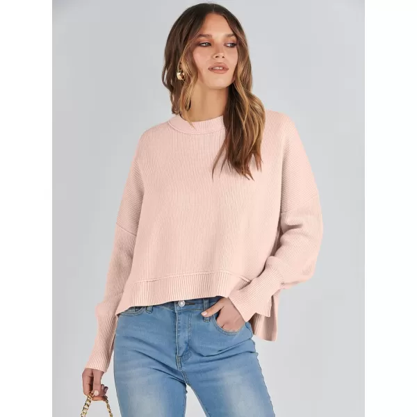 imageANRABESS Women Crewneck Cropped Sweater Batwing Sleeve 2023 Trendy Oversized Side Slit Ribbed Knit Pullover Sweater TopPink Khaki