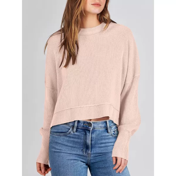 imageANRABESS Women Crewneck Cropped Sweater Batwing Sleeve 2023 Trendy Oversized Side Slit Ribbed Knit Pullover Sweater TopPink Khaki