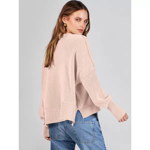 imageANRABESS Women Crewneck Cropped Sweater Batwing Sleeve 2023 Trendy Oversized Side Slit Ribbed Knit Pullover Sweater TopPink Khaki