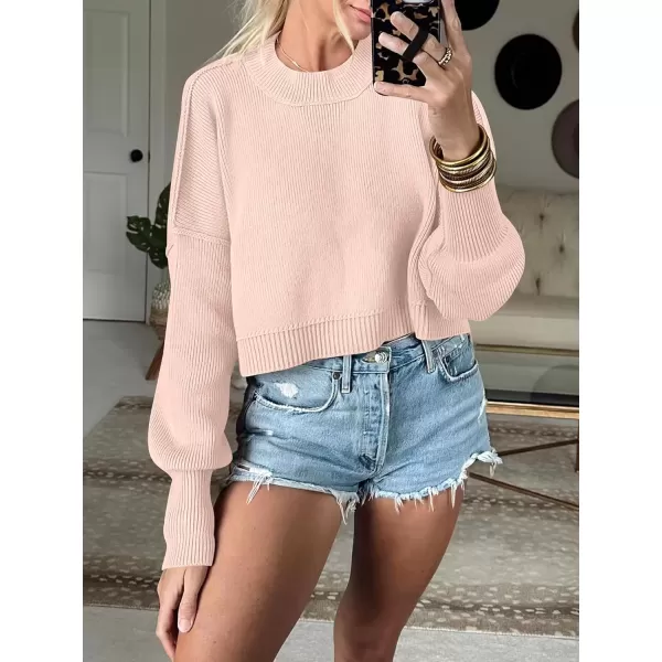 imageANRABESS Women Crewneck Cropped Sweater Batwing Sleeve 2023 Trendy Oversized Side Slit Ribbed Knit Pullover Sweater TopPink Khaki