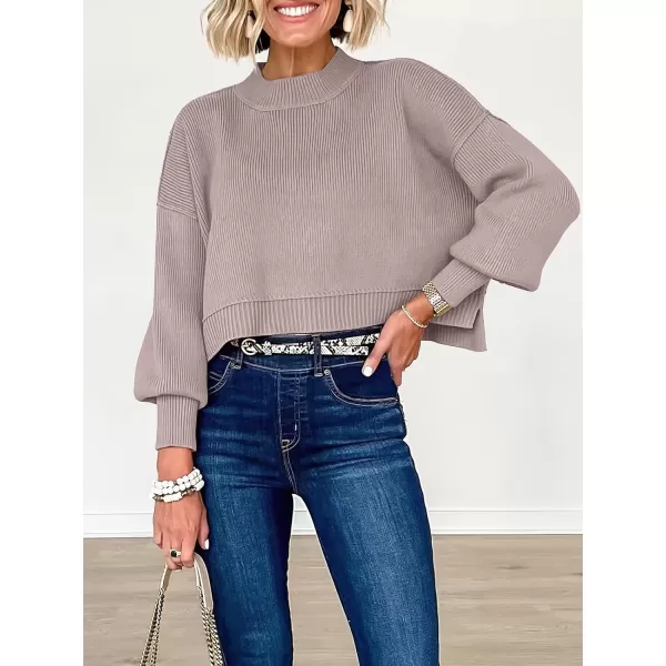 imageANRABESS Women Crewneck Cropped Sweater Batwing Sleeve 2023 Trendy Oversized Side Slit Ribbed Knit Pullover Sweater TopRed Apricot