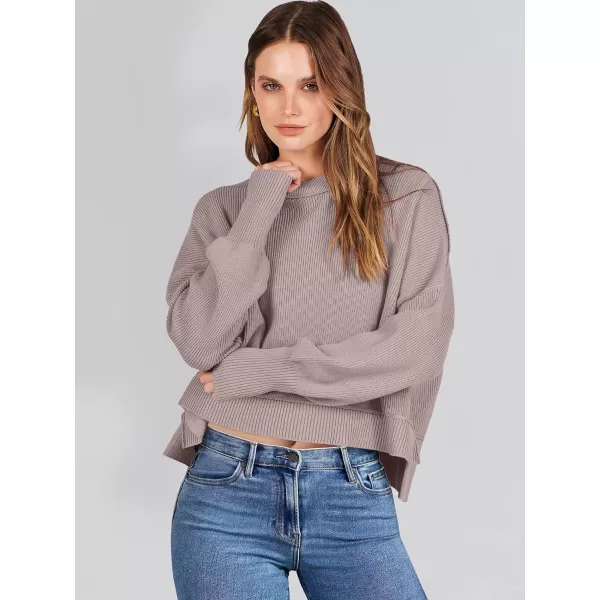 imageANRABESS Women Crewneck Cropped Sweater Batwing Sleeve 2023 Trendy Oversized Side Slit Ribbed Knit Pullover Sweater TopRed Apricot