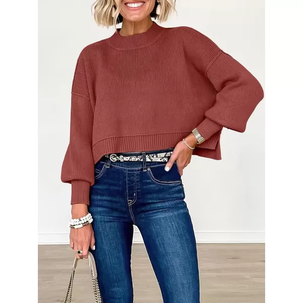 imageANRABESS Women Crewneck Cropped Sweater Batwing Sleeve 2023 Trendy Oversized Side Slit Ribbed Knit Pullover Sweater TopRust