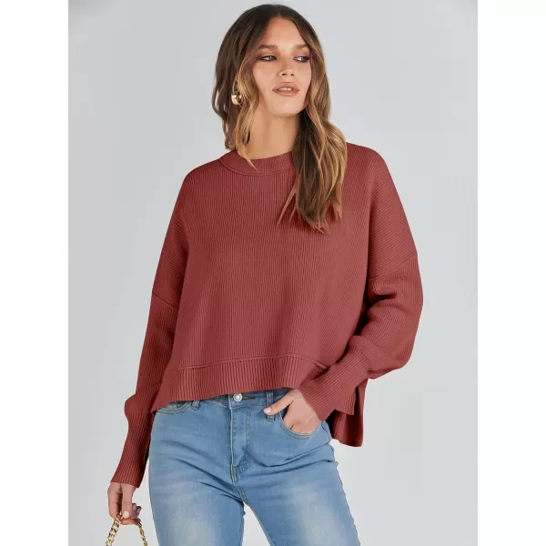 imageANRABESS Women Crewneck Cropped Sweater Batwing Sleeve 2023 Trendy Oversized Side Slit Ribbed Knit Pullover Sweater TopRust