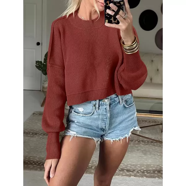 imageANRABESS Women Crewneck Cropped Sweater Batwing Sleeve 2023 Trendy Oversized Side Slit Ribbed Knit Pullover Sweater TopRust
