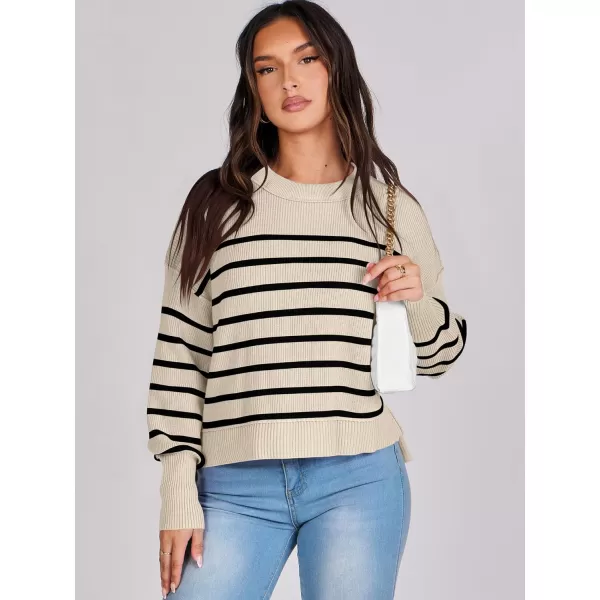 imageANRABESS Women Crewneck Cropped Sweater Batwing Sleeve 2023 Trendy Oversized Side Slit Ribbed Knit Pullover Sweater TopStripe Apricot Black