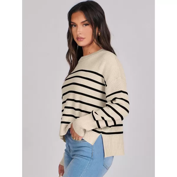 imageANRABESS Women Crewneck Cropped Sweater Batwing Sleeve 2023 Trendy Oversized Side Slit Ribbed Knit Pullover Sweater TopStripe Apricot Black