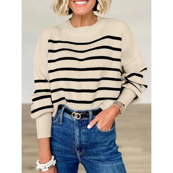 imageANRABESS Women Crewneck Cropped Sweater Batwing Sleeve 2023 Trendy Oversized Side Slit Ribbed Knit Pullover Sweater TopStripe Apricot Black