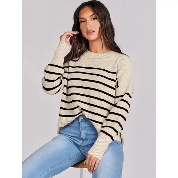 imageANRABESS Women Crewneck Cropped Sweater Batwing Sleeve 2023 Trendy Oversized Side Slit Ribbed Knit Pullover Sweater TopStripe Apricot Black