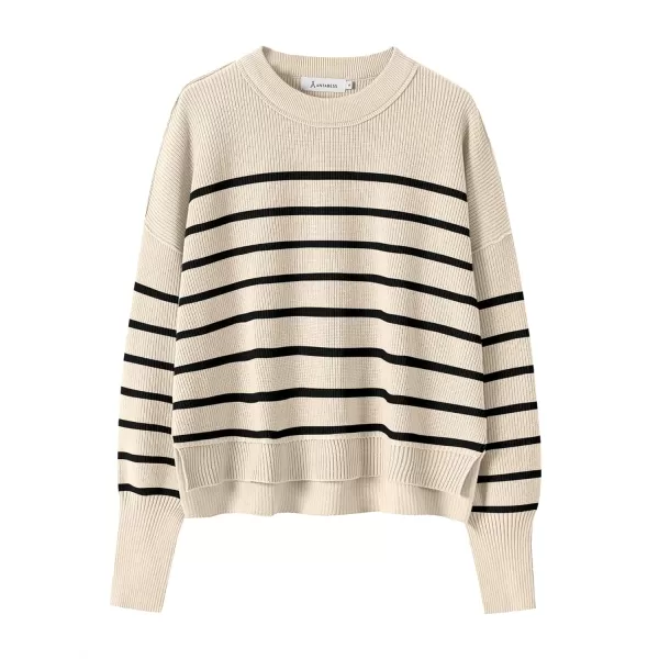 imageANRABESS Women Crewneck Cropped Sweater Batwing Sleeve 2023 Trendy Oversized Side Slit Ribbed Knit Pullover Sweater TopStripe Apricot Black