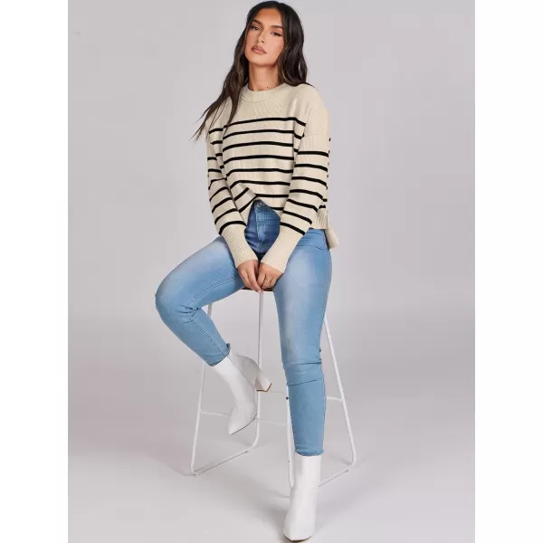 imageANRABESS Women Crewneck Cropped Sweater Batwing Sleeve 2023 Trendy Oversized Side Slit Ribbed Knit Pullover Sweater TopStripe Apricot Black