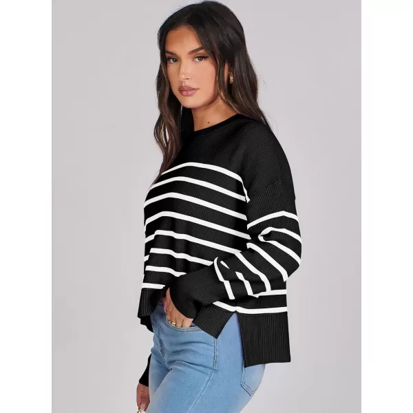 imageANRABESS Women Crewneck Cropped Sweater Batwing Sleeve 2023 Trendy Oversized Side Slit Ribbed Knit Pullover Sweater TopStripe Black White