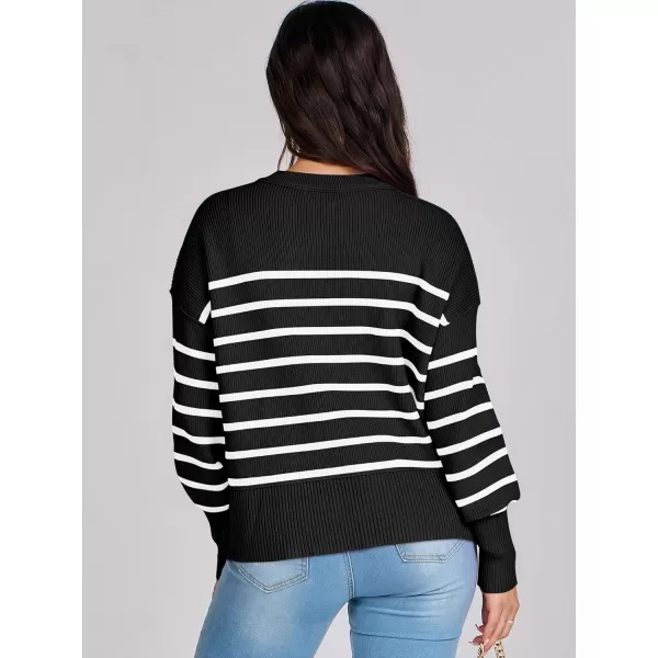 imageANRABESS Women Crewneck Cropped Sweater Batwing Sleeve 2023 Trendy Oversized Side Slit Ribbed Knit Pullover Sweater TopStripe Black White