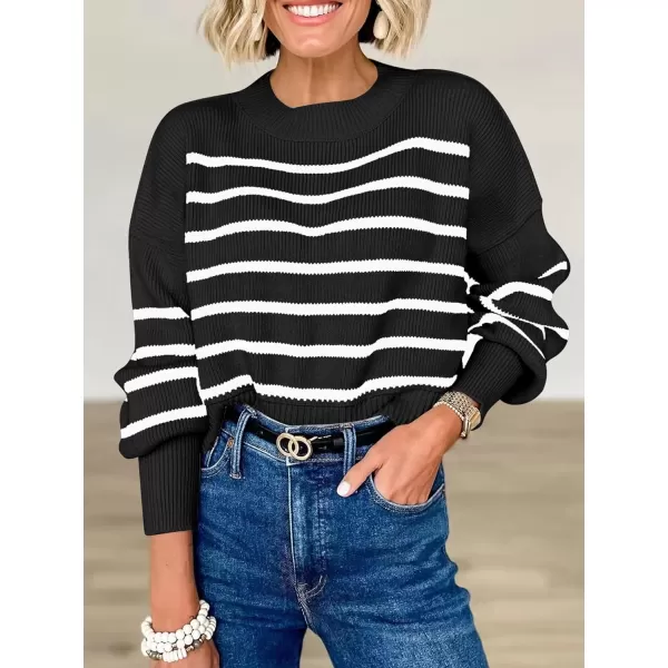 imageANRABESS Women Crewneck Cropped Sweater Batwing Sleeve 2023 Trendy Oversized Side Slit Ribbed Knit Pullover Sweater TopStripe Black White
