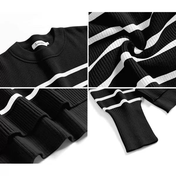 imageANRABESS Women Crewneck Cropped Sweater Batwing Sleeve 2023 Trendy Oversized Side Slit Ribbed Knit Pullover Sweater TopStripe Black White