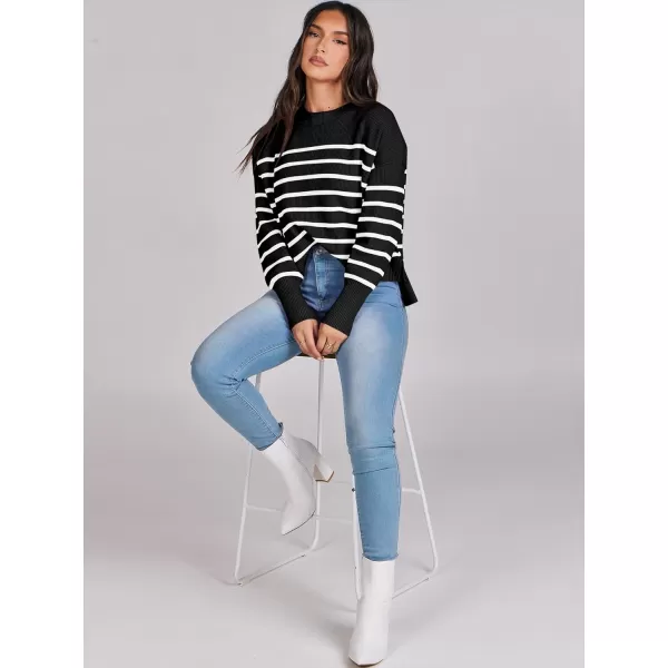 imageANRABESS Women Crewneck Cropped Sweater Batwing Sleeve 2023 Trendy Oversized Side Slit Ribbed Knit Pullover Sweater TopStripe Black White