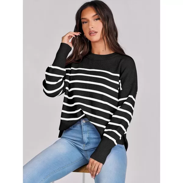 imageANRABESS Women Crewneck Cropped Sweater Batwing Sleeve 2023 Trendy Oversized Side Slit Ribbed Knit Pullover Sweater TopStripe Black White