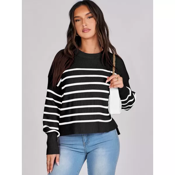 imageANRABESS Women Crewneck Cropped Sweater Batwing Sleeve 2023 Trendy Oversized Side Slit Ribbed Knit Pullover Sweater TopStripe Black White