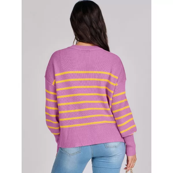 imageANRABESS Women Crewneck Cropped Sweater Batwing Sleeve 2023 Trendy Oversized Side Slit Ribbed Knit Pullover Sweater TopStripe Purple Yellow