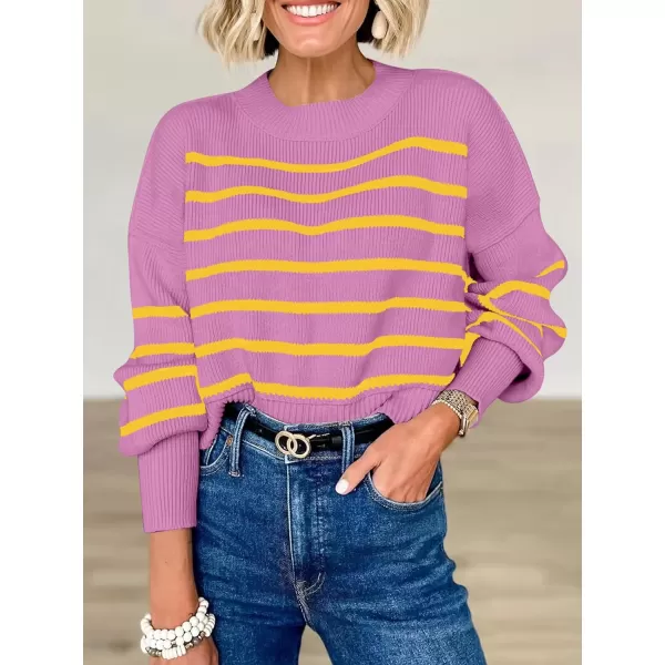 imageANRABESS Women Crewneck Cropped Sweater Batwing Sleeve 2023 Trendy Oversized Side Slit Ribbed Knit Pullover Sweater TopStripe Purple Yellow