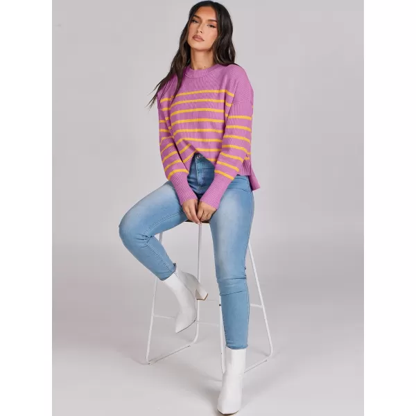 imageANRABESS Women Crewneck Cropped Sweater Batwing Sleeve 2023 Trendy Oversized Side Slit Ribbed Knit Pullover Sweater TopStripe Purple Yellow