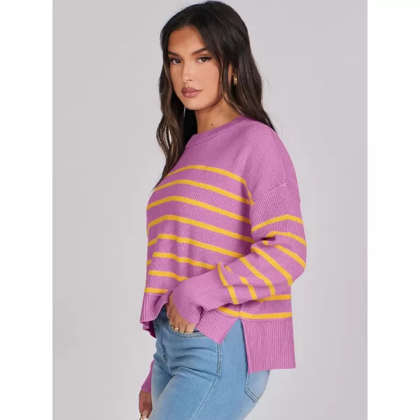 imageANRABESS Women Crewneck Cropped Sweater Batwing Sleeve 2023 Trendy Oversized Side Slit Ribbed Knit Pullover Sweater TopStripe Purple Yellow