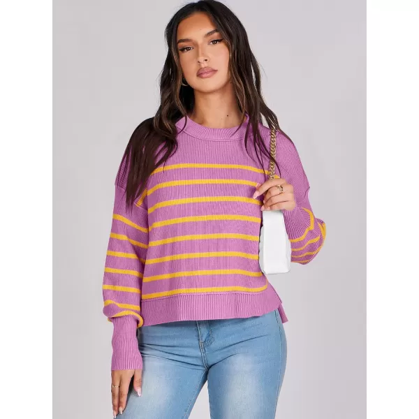 imageANRABESS Women Crewneck Cropped Sweater Batwing Sleeve 2023 Trendy Oversized Side Slit Ribbed Knit Pullover Sweater TopStripe Purple Yellow