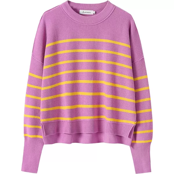 imageANRABESS Women Crewneck Cropped Sweater Batwing Sleeve 2023 Trendy Oversized Side Slit Ribbed Knit Pullover Sweater TopStripe Purple Yellow