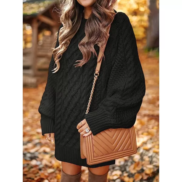 imageANRABESS Women Crewneck Long Sleeve Oversized Cable Knit Chunky Pullover Short Sweater DressesBlack