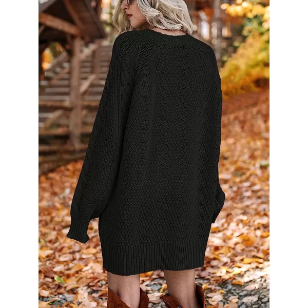 imageANRABESS Women Crewneck Long Sleeve Oversized Cable Knit Chunky Pullover Short Sweater DressesBlack