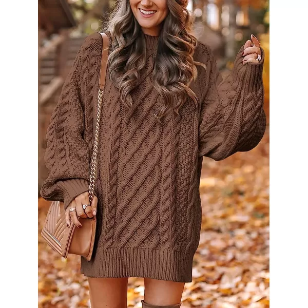 imageANRABESS Women Crewneck Long Sleeve Oversized Cable Knit Chunky Pullover Short Sweater DressesBrown