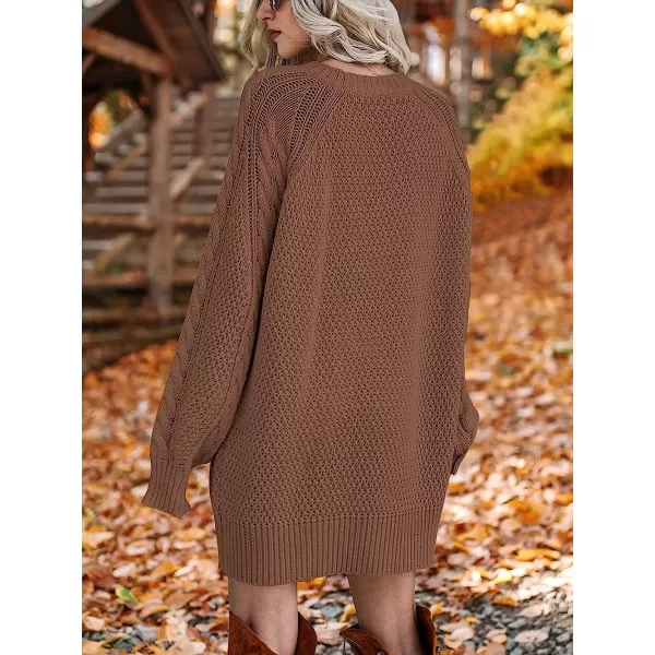 imageANRABESS Women Crewneck Long Sleeve Oversized Cable Knit Chunky Pullover Short Sweater DressesBrown