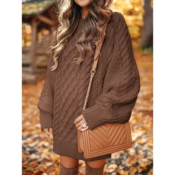 imageANRABESS Women Crewneck Long Sleeve Oversized Cable Knit Chunky Pullover Short Sweater DressesBrown