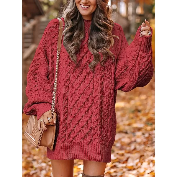 imageANRABESS Women Crewneck Long Sleeve Oversized Cable Knit Chunky Pullover Short Sweater DressesCherry