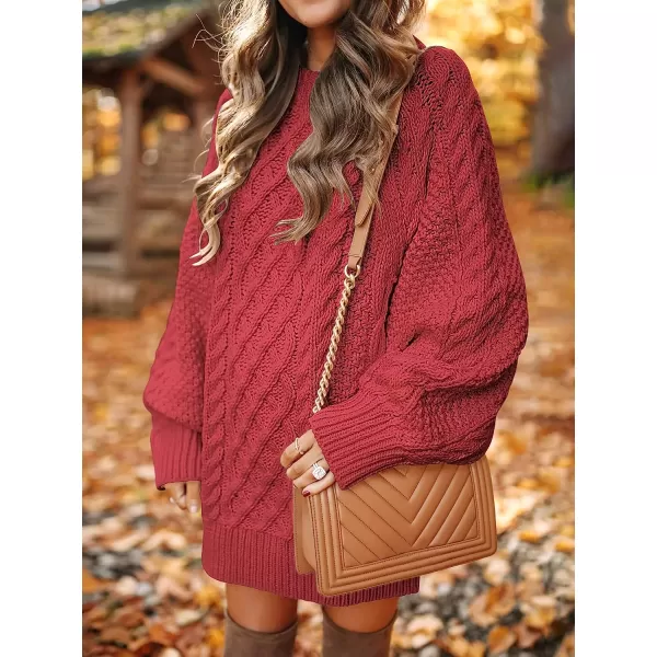 imageANRABESS Women Crewneck Long Sleeve Oversized Cable Knit Chunky Pullover Short Sweater DressesCherry
