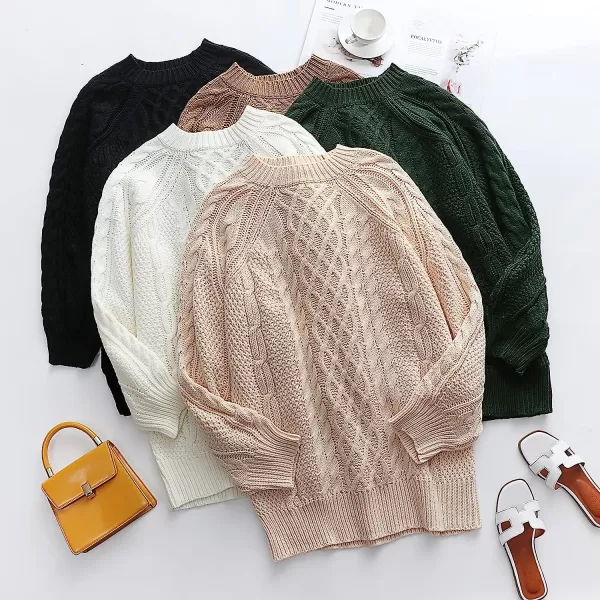 imageANRABESS Women Crewneck Long Sleeve Oversized Cable Knit Chunky Pullover Short Sweater DressesDeep Green