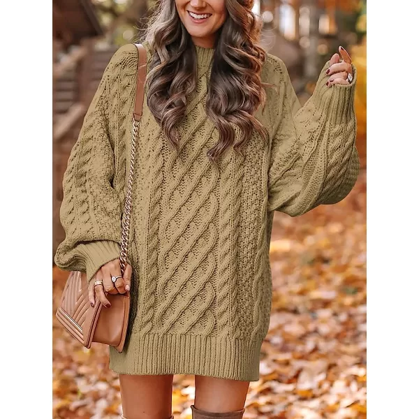 imageANRABESS Women Crewneck Long Sleeve Oversized Cable Knit Chunky Pullover Short Sweater DressesKhaki