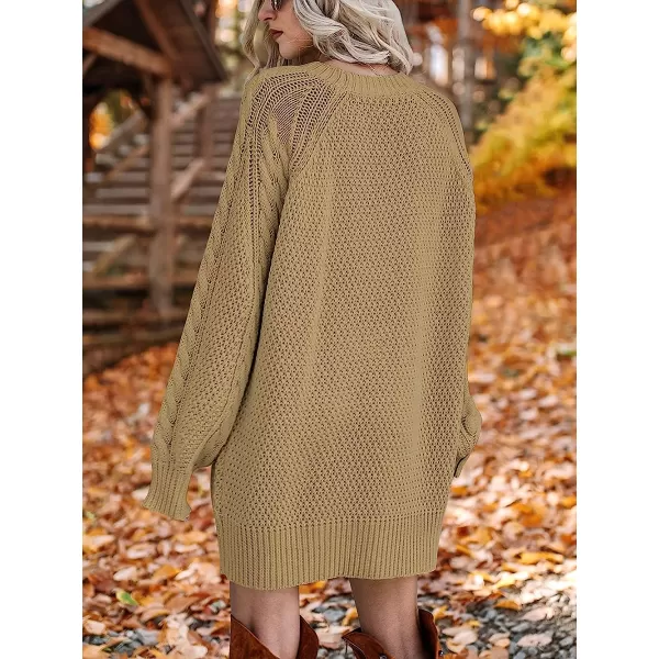 imageANRABESS Women Crewneck Long Sleeve Oversized Cable Knit Chunky Pullover Short Sweater DressesKhaki
