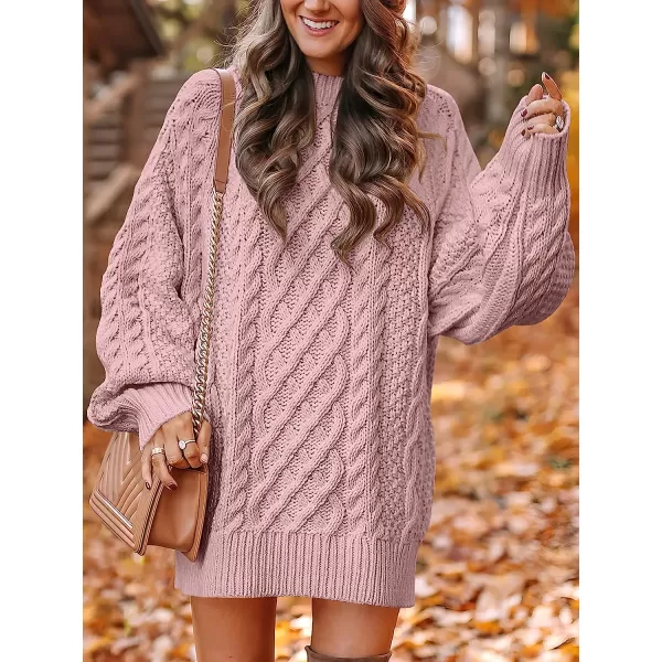 imageANRABESS Women Crewneck Long Sleeve Oversized Cable Knit Chunky Pullover Short Sweater DressesLight Pink