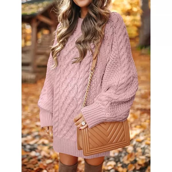 imageANRABESS Women Crewneck Long Sleeve Oversized Cable Knit Chunky Pullover Short Sweater DressesLight Pink