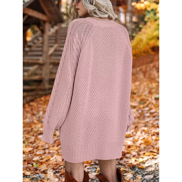 imageANRABESS Women Crewneck Long Sleeve Oversized Cable Knit Chunky Pullover Short Sweater DressesLight Pink