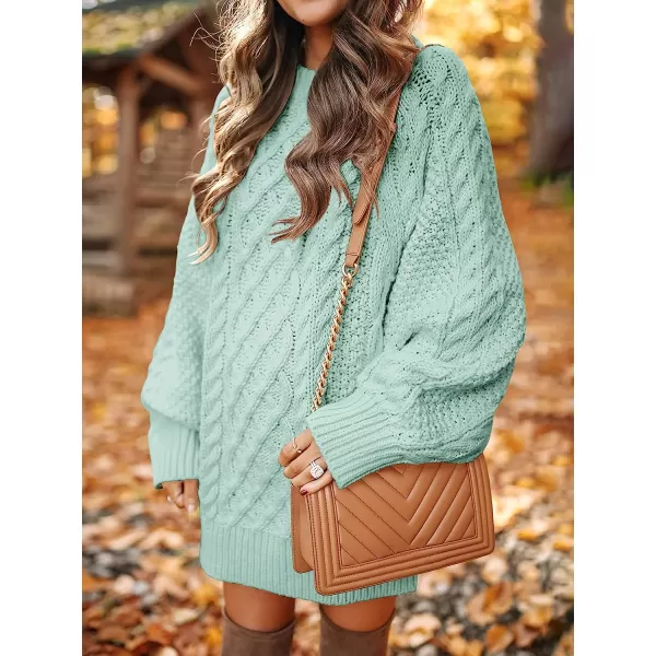 imageANRABESS Women Crewneck Long Sleeve Oversized Cable Knit Chunky Pullover Short Sweater DressesMint