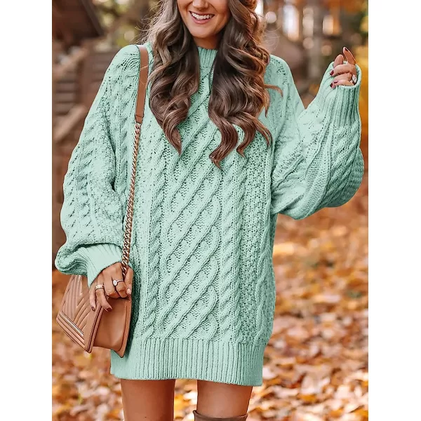 imageANRABESS Women Crewneck Long Sleeve Oversized Cable Knit Chunky Pullover Short Sweater DressesMint