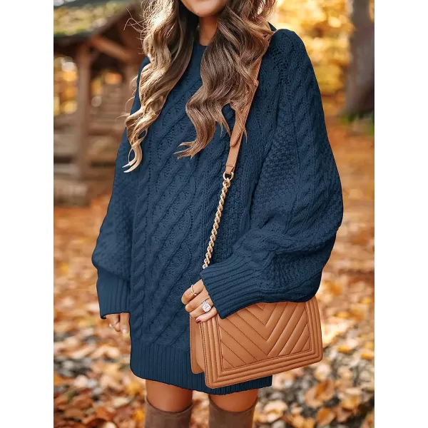 imageANRABESS Women Crewneck Long Sleeve Oversized Cable Knit Chunky Pullover Short Sweater DressesNavy