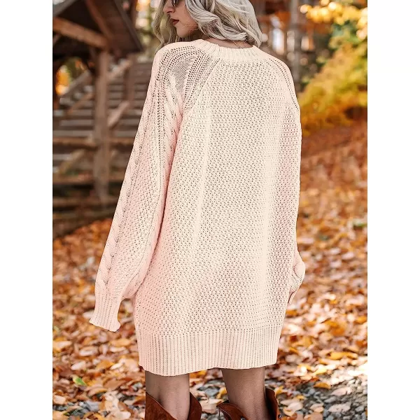 imageANRABESS Women Crewneck Long Sleeve Oversized Cable Knit Chunky Pullover Short Sweater DressesPink