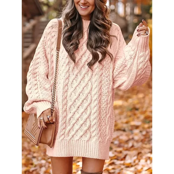 imageANRABESS Women Crewneck Long Sleeve Oversized Cable Knit Chunky Pullover Short Sweater DressesPink