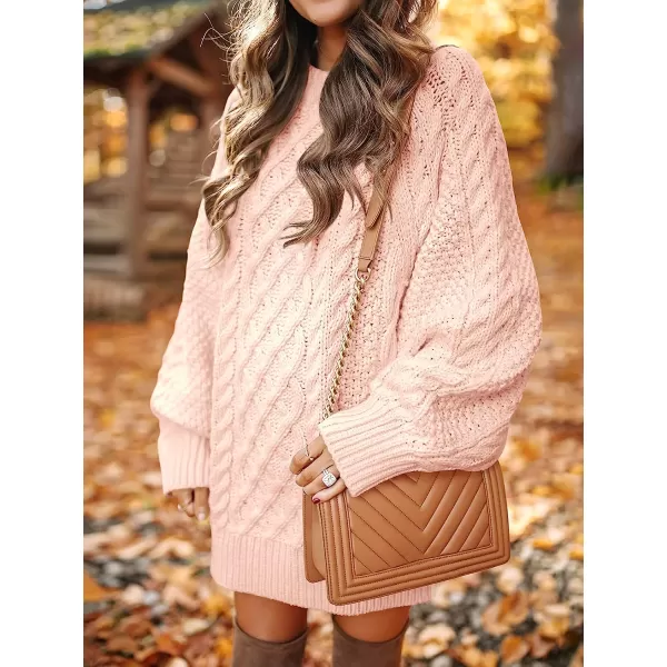 imageANRABESS Women Crewneck Long Sleeve Oversized Cable Knit Chunky Pullover Short Sweater DressesPink