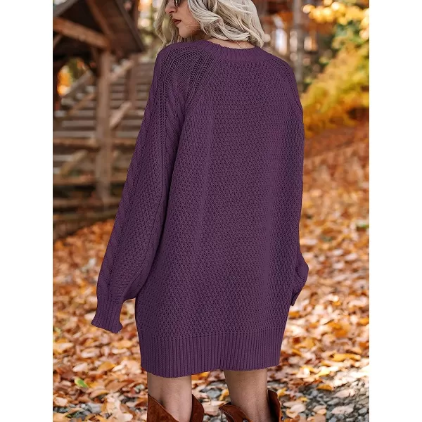 imageANRABESS Women Crewneck Long Sleeve Oversized Cable Knit Chunky Pullover Short Sweater DressesPurple