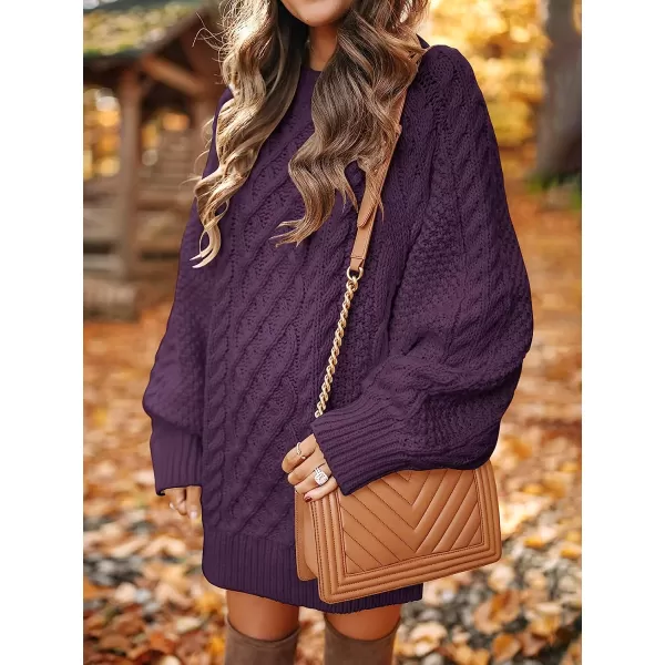 imageANRABESS Women Crewneck Long Sleeve Oversized Cable Knit Chunky Pullover Short Sweater DressesPurple